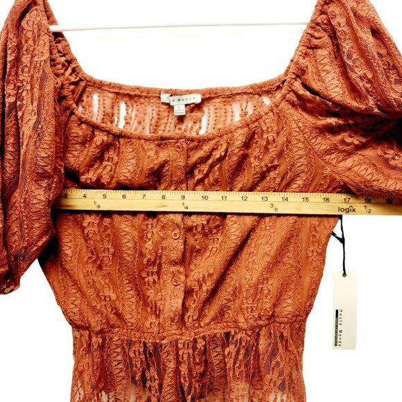 Rust Lace Peplum Blouse With Puff Sleeves & Satin Back-Tie Detail Size L - Picture 13 of 14
